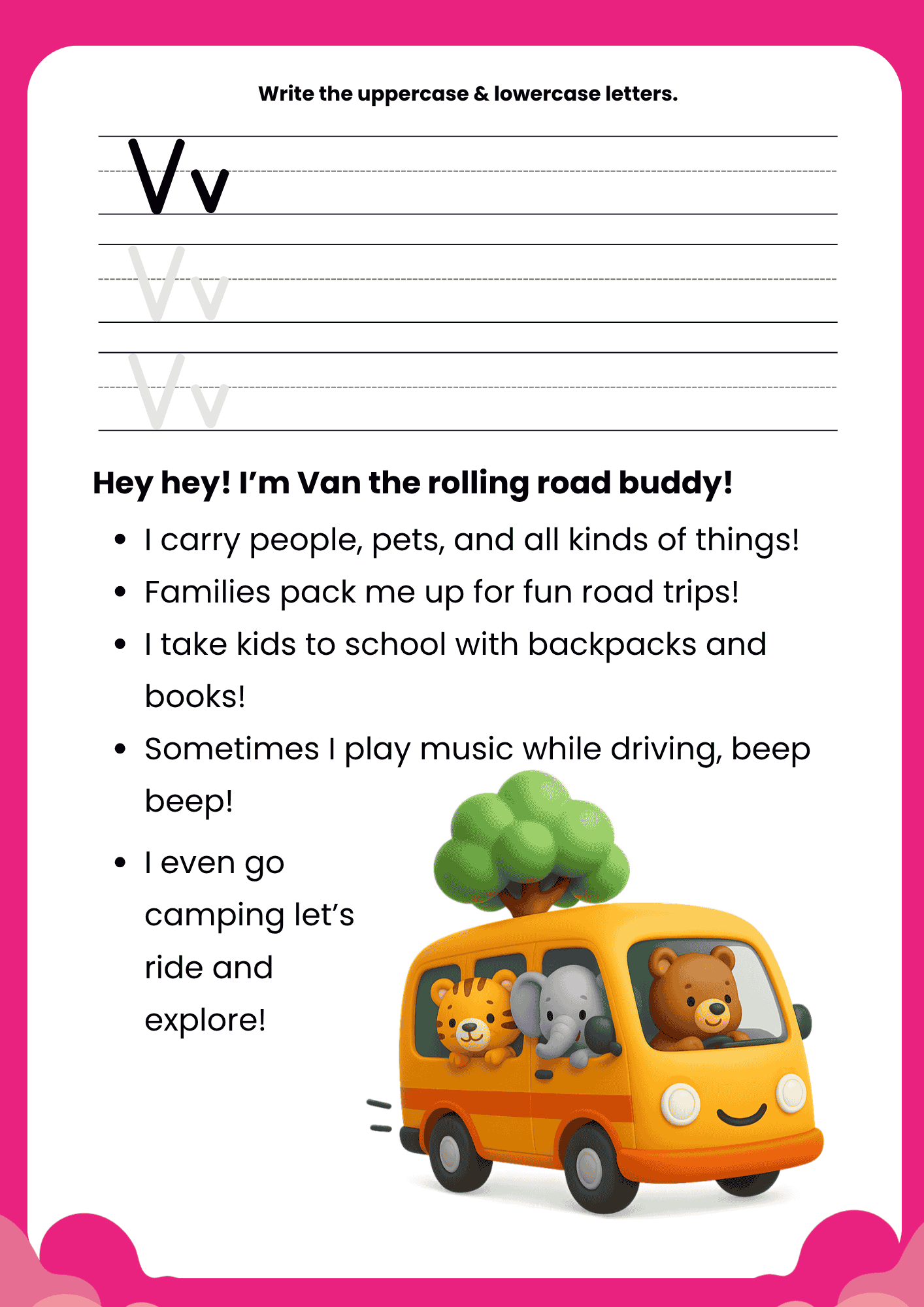 A high-quality Van Story Letter V worksheet featuring a yellow van carrying a tiger, elephant, and bear, with primary ruled lines for writing.