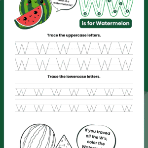 A high-quality Letter W Tracing Worksheet for kids featuring a happy green watermelon and dotted rows for practicing uppercase W and lowercase W.