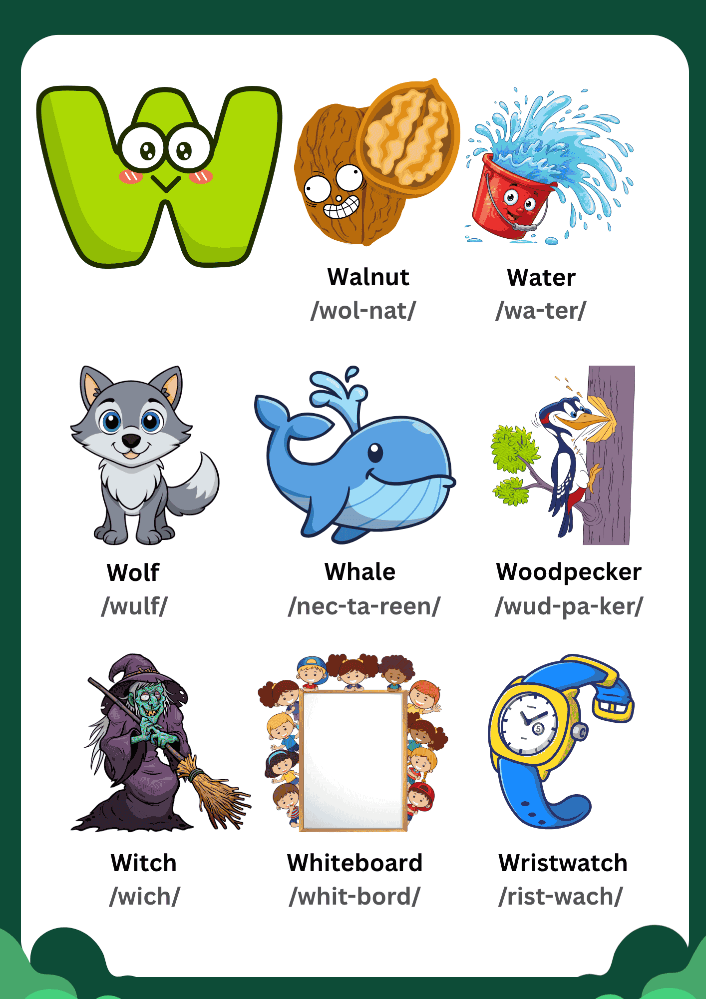 A colorful Letter W Vocabulary Learning Chart for kids featuring illustrations of Walnut, Water, Wolf, Whale, Woodpecker, Witch, Whiteboard, and a Wristwatch.
