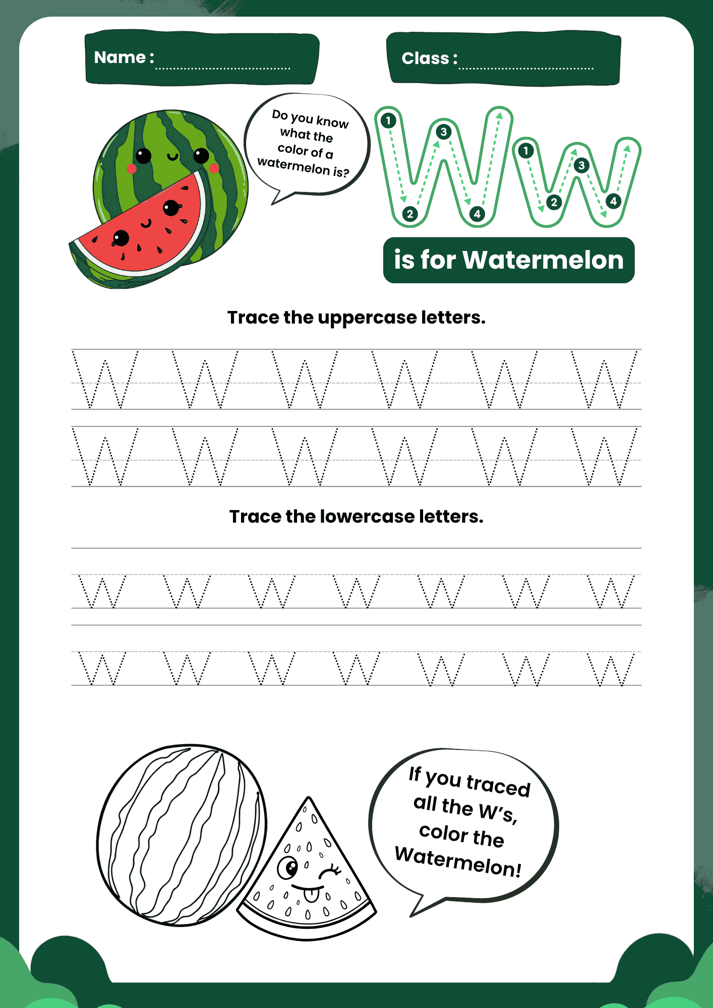 A high-quality Letter W Tracing Worksheet for kids featuring a happy green watermelon and dotted rows for practicing uppercase W and lowercase W.