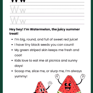 A high-quality Watermelon Story Letter W worksheet featuring two happy watermelon slices with arms and legs, and primary ruled lines for writing.