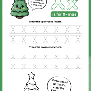 A high-quality Letter X Tracing Worksheet for kids featuring a happy green Christmas tree and dotted rows for practicing uppercase X and lowercase X.