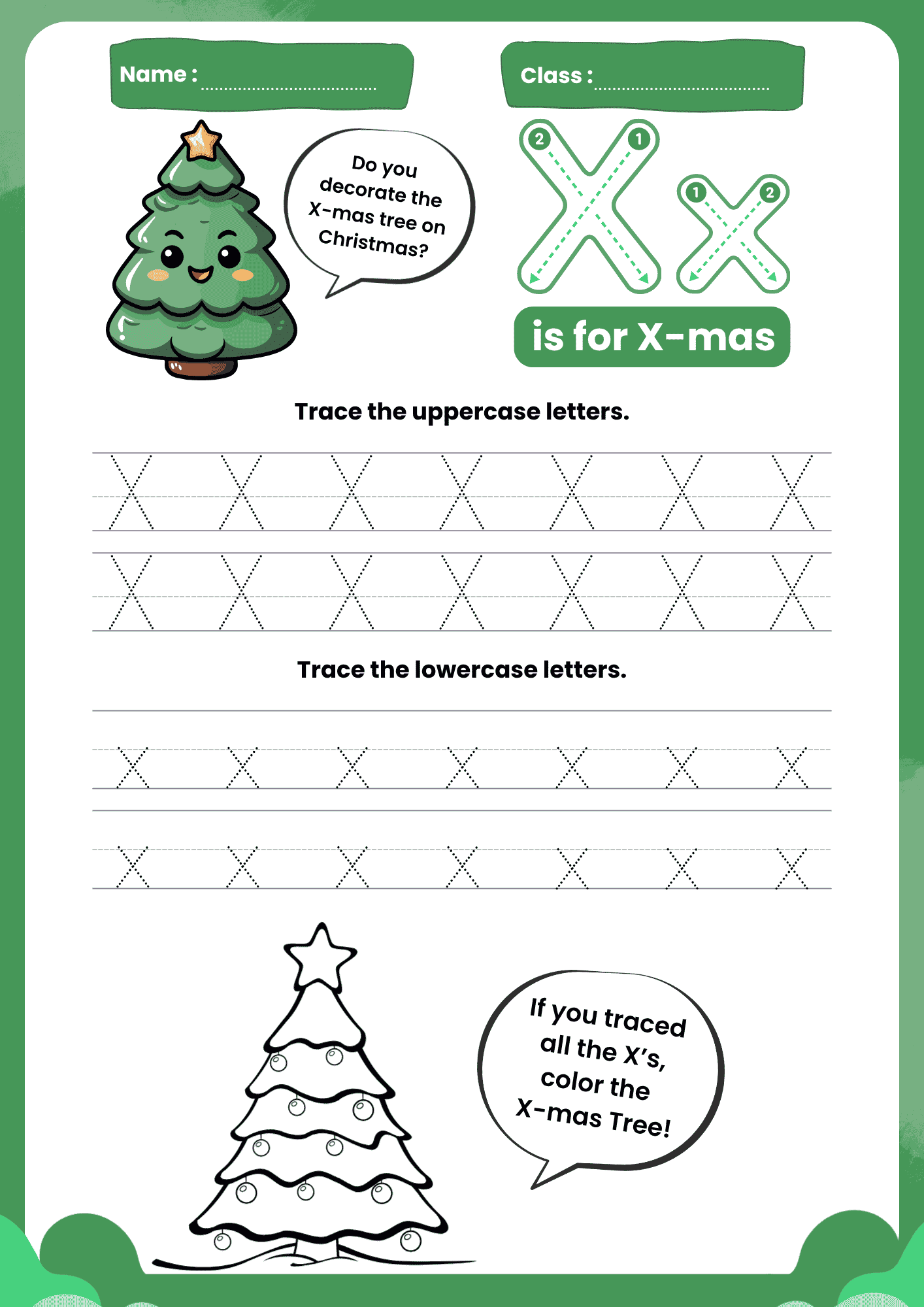 A high-quality Letter X Tracing Worksheet for kids featuring a happy green Christmas tree and dotted rows for practicing uppercase X and lowercase X.