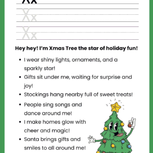A high-quality Xmas Story Letter X worksheet featuring a happy green Christmas tree and primary ruled lines for writing practice.