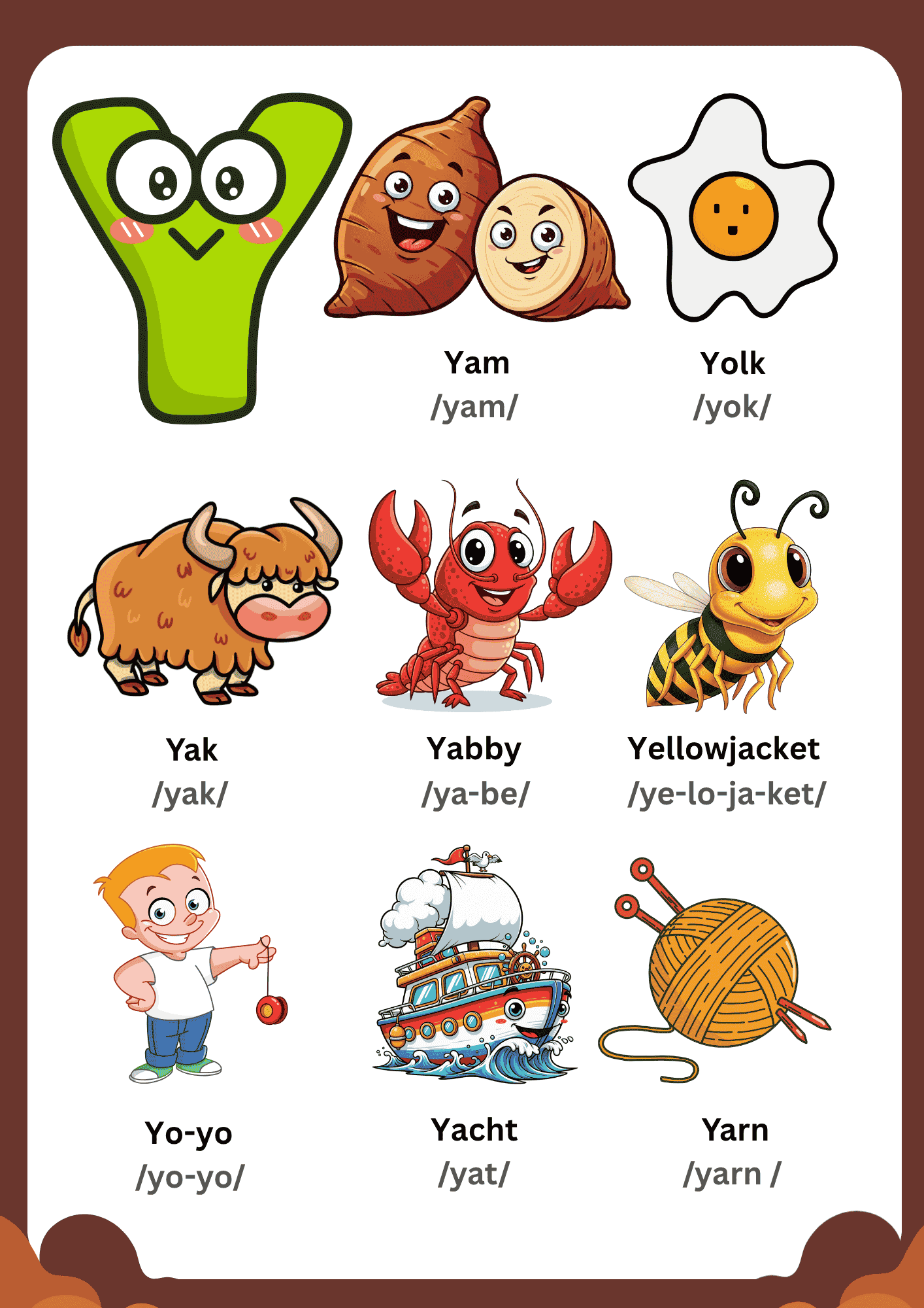A colorful Letter Y Vocabulary Learning Chart for kids featuring illustrations of Yam, Yolk, Yak, Yabby, Yellowjacket, Yo-yo, Yacht, and Yarn.