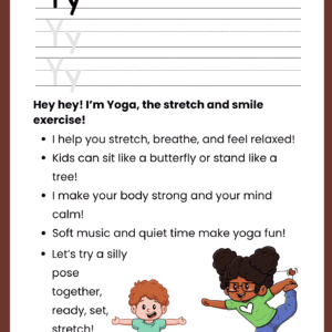 A high-quality Yoga Story Letter Y worksheet featuring two children practicing yoga poses and primary ruled lines for writing practice.