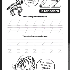 A high-quality Letter Z Tracing Worksheet for kids featuring a cartoon zebra and dotted rows for practicing uppercase Z and lowercase Z.
