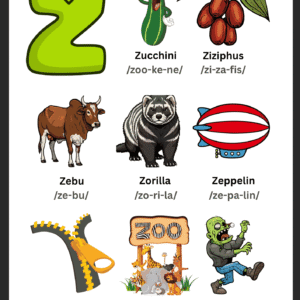 A colorful Letter Z Vocabulary Learning Chart for kids featuring illustrations of Zucchini, Ziziphus, Zebu, Zorilla, Zeppelin, Zip, Zoo, and a Zombie.