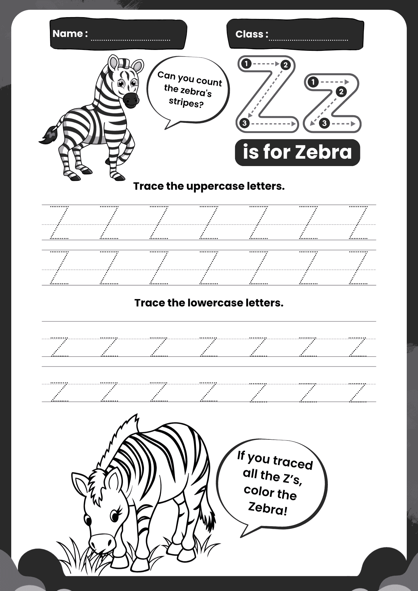 A high-quality Letter Z Tracing Worksheet for kids featuring a cartoon zebra and dotted rows for practicing uppercase Z and lowercase Z.
