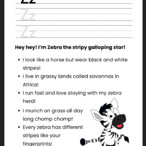 A high-quality Zebra Story Letter Z worksheet featuring a cheerful cartoon zebra and primary ruled lines for writing practice.