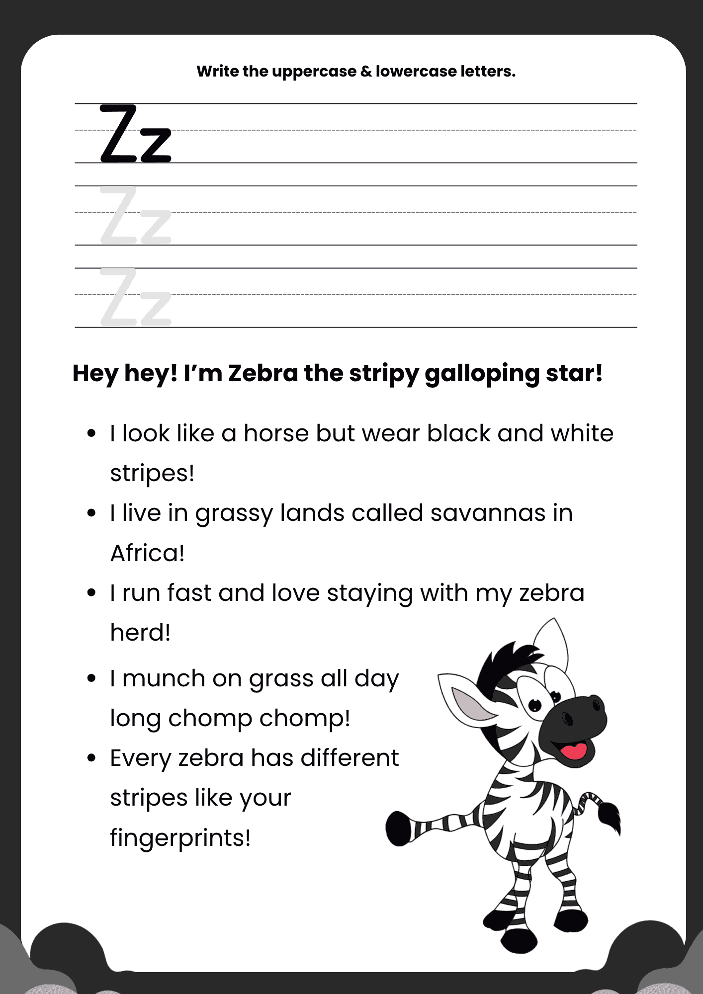A high-quality Zebra Story Letter Z worksheet featuring a cheerful cartoon zebra and primary ruled lines for writing practice.