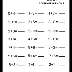 Timed Addition Test Version 2 - Single Digit Math Worksheet for Kids