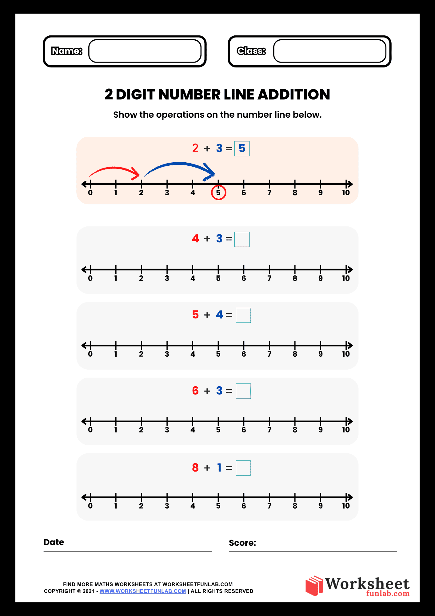 A 2 Digit Number Line Addition Math Worksheet featuring five horizontal number lines from 0 to 10 with addition equations for children to solve.