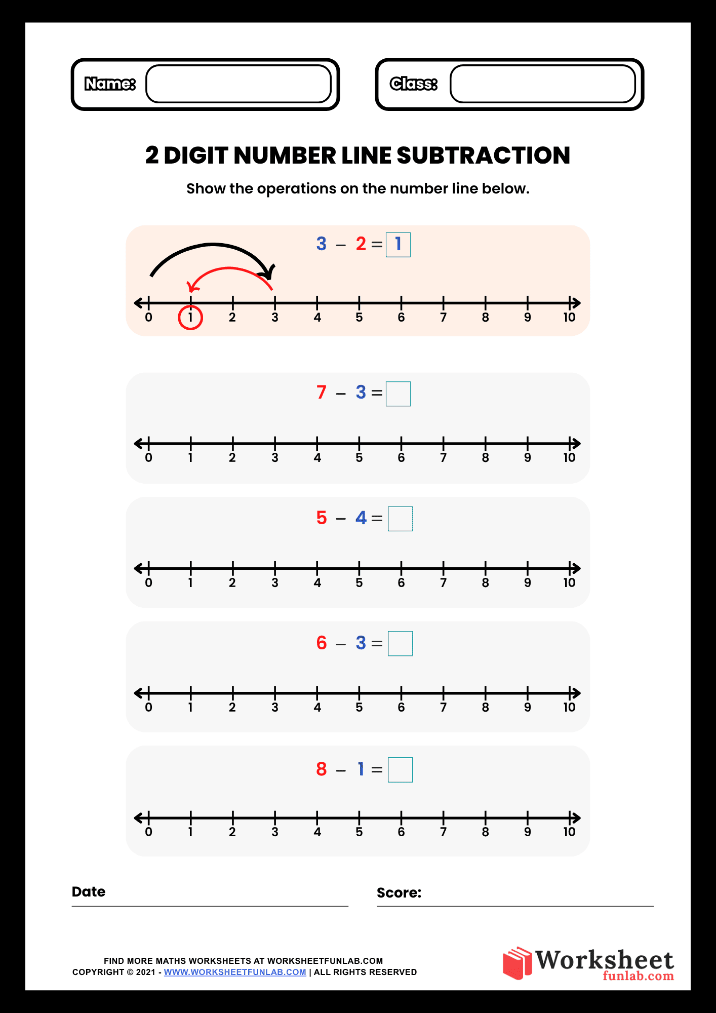 A 2 Digit Number Line Subtraction Math Worksheet featuring five horizontal number lines from 0 to 10 with subtraction equations for children to solve.