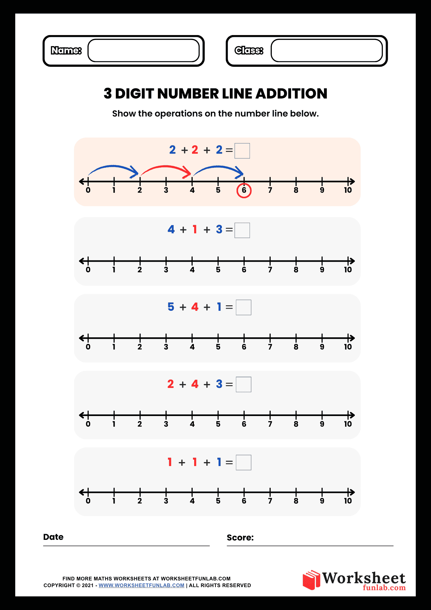 A 3 Digit Number Line Addition Math Worksheet featuring five horizontal number lines from 0 to 10 with multi-step addition equations.