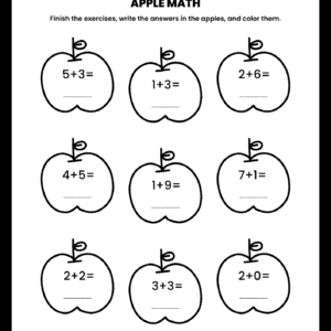 An Apple Addition Math Worksheet featuring nine large apples with horizontal addition problems inside each for children to solve and color.