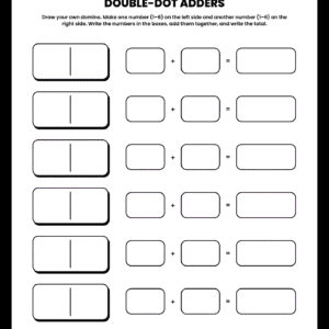 A Draw Your Own Domino math worksheet featuring six blank dominoes and empty boxes for children to draw their own dots and solve addition problems.