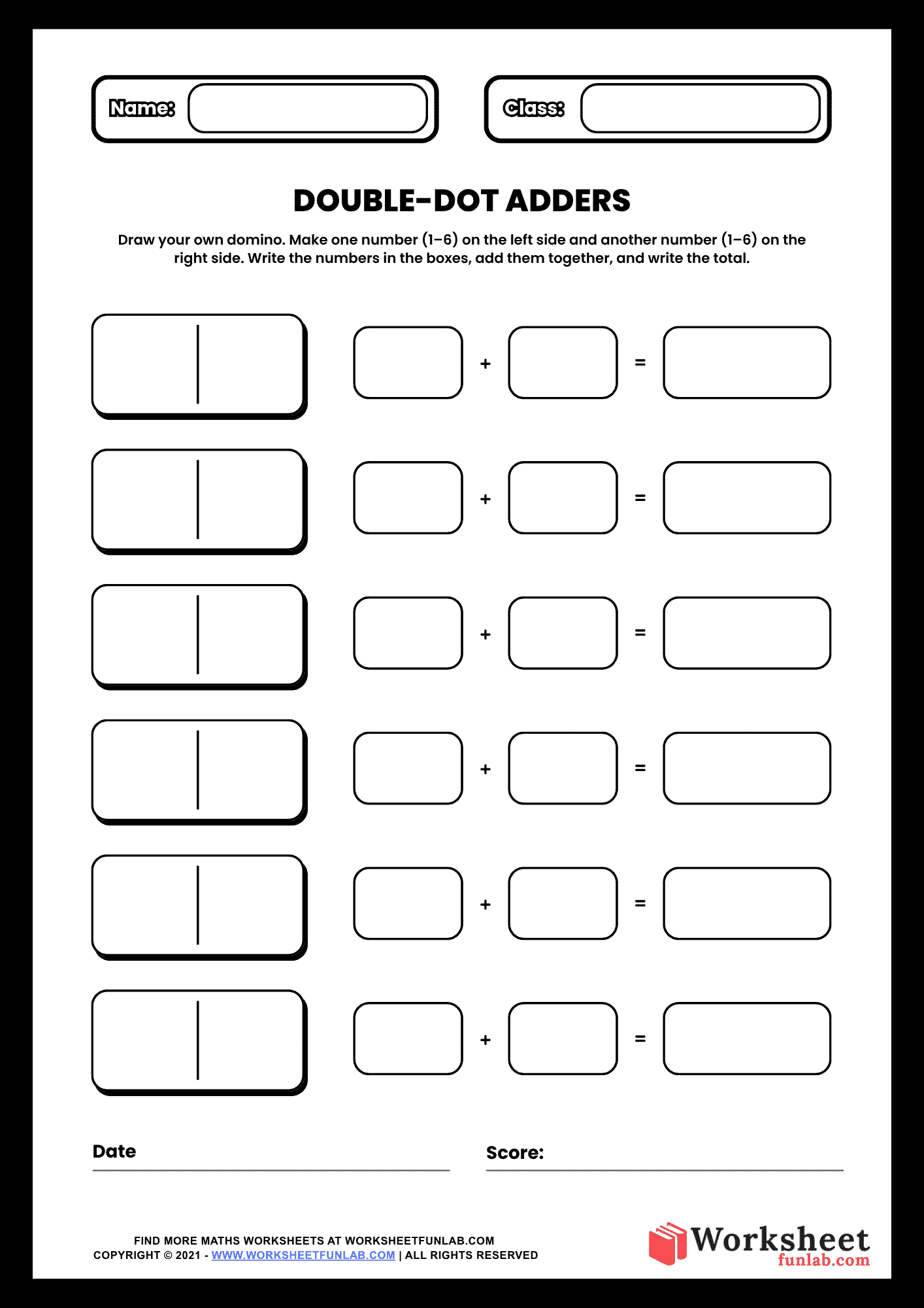 A Draw Your Own Domino math worksheet featuring six blank dominoes and empty boxes for children to draw their own dots and solve addition problems.