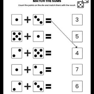 A Match the Dice Sums math worksheet featuring five rows of addition equations represented by dice and a column of numerical results for children to match.