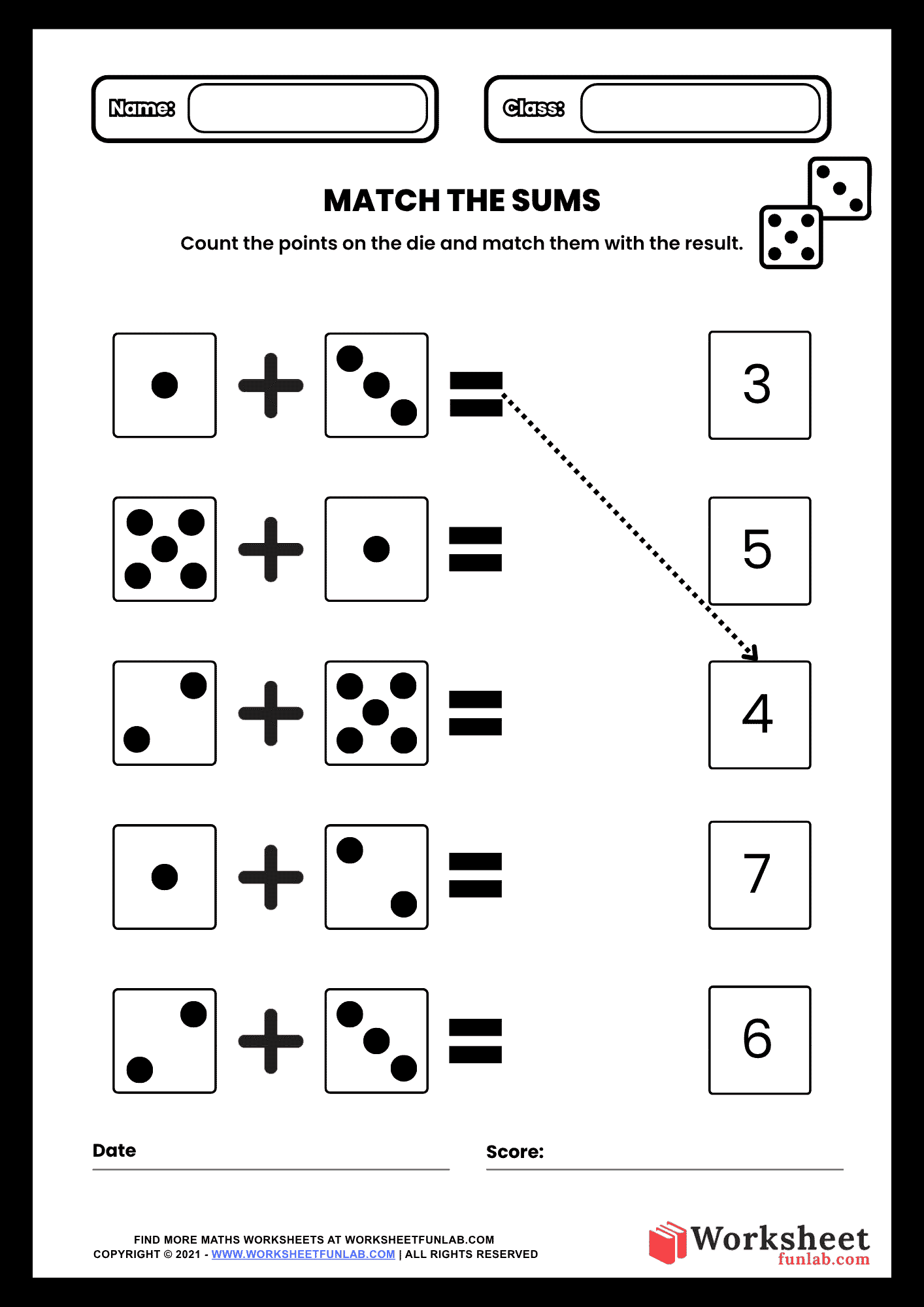 A Match the Dice Sums math worksheet featuring five rows of addition equations represented by dice and a column of numerical results for children to match.