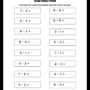 Single Digit Subtraction Worksheet featuring two columns of horizontal subtraction equations for children to solve and write the results.