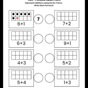A Ten Frame Addition Math Worksheet featuring eight empty ten-frames and horizontal addition equations for children to solve and represent visually.