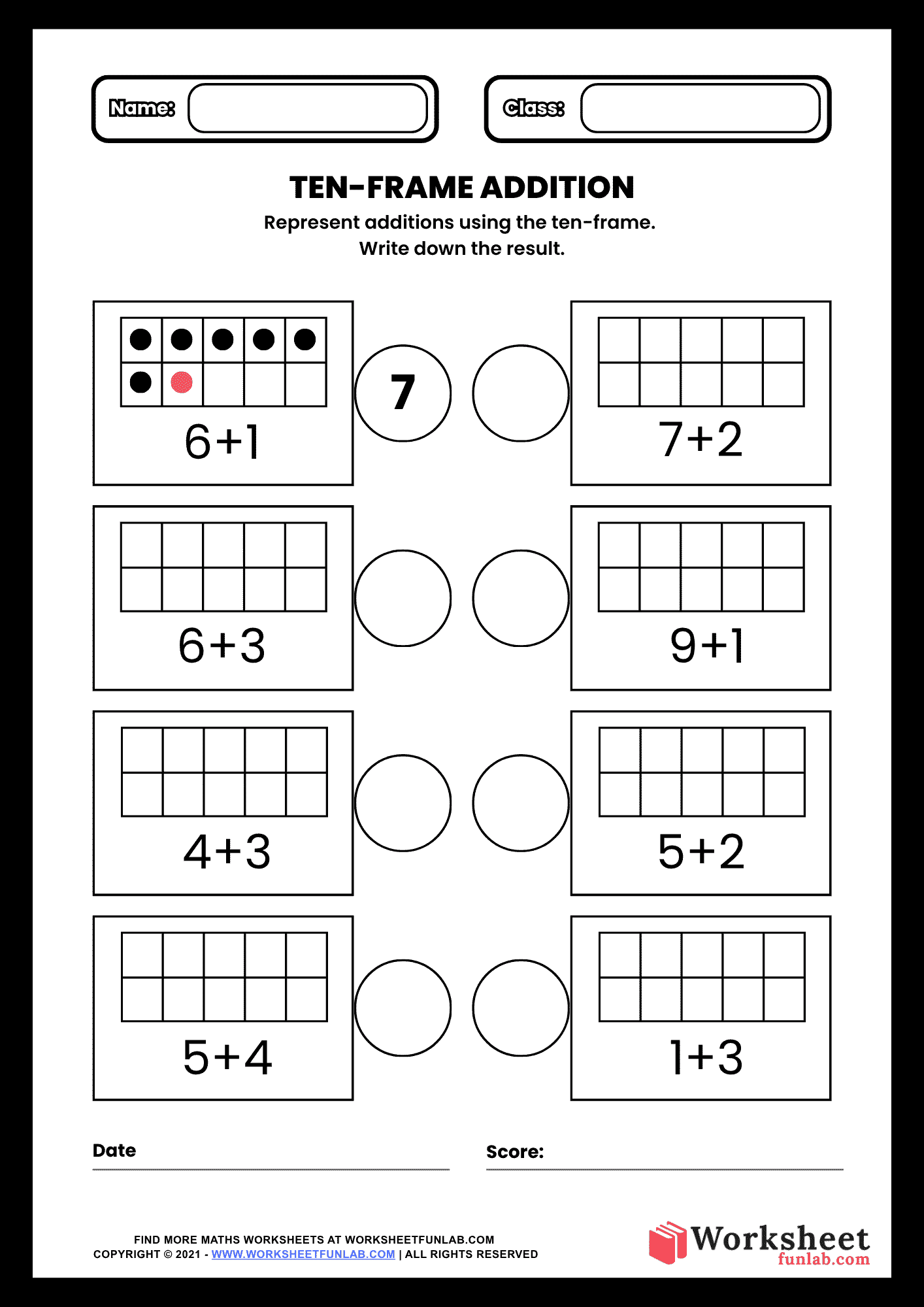 A Ten Frame Addition Math Worksheet featuring eight empty ten-frames and horizontal addition equations for children to solve and represent visually.