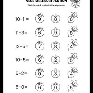 A Vegetable Subtraction Math Worksheet featuring six subtraction equations and three vegetable options for each problem, including tomatoes, peppers, and beets with different numbers.